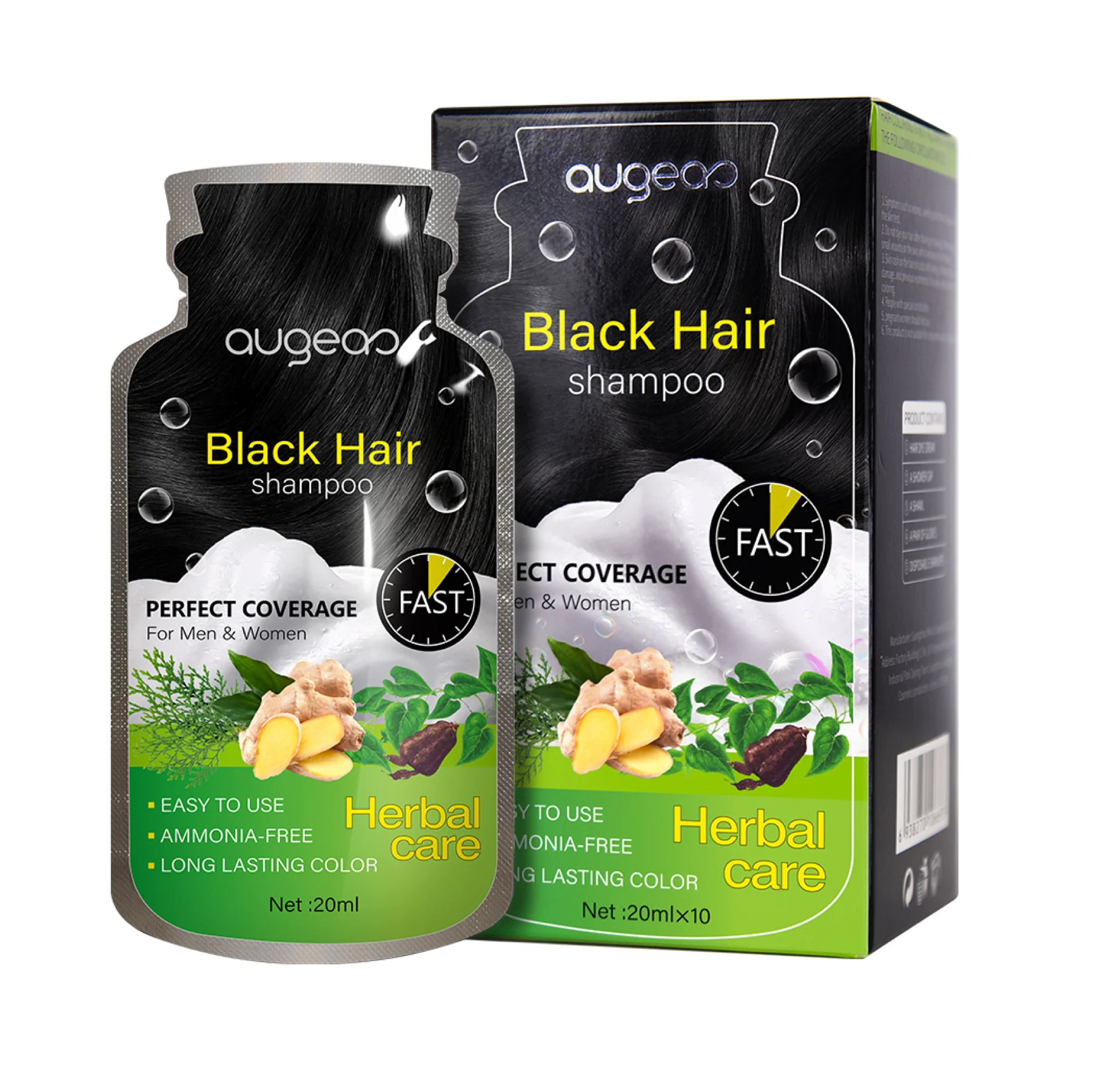 Augeas Herbal Black Hair Dye Shampoo Full Gray Coverage 20ml x 10