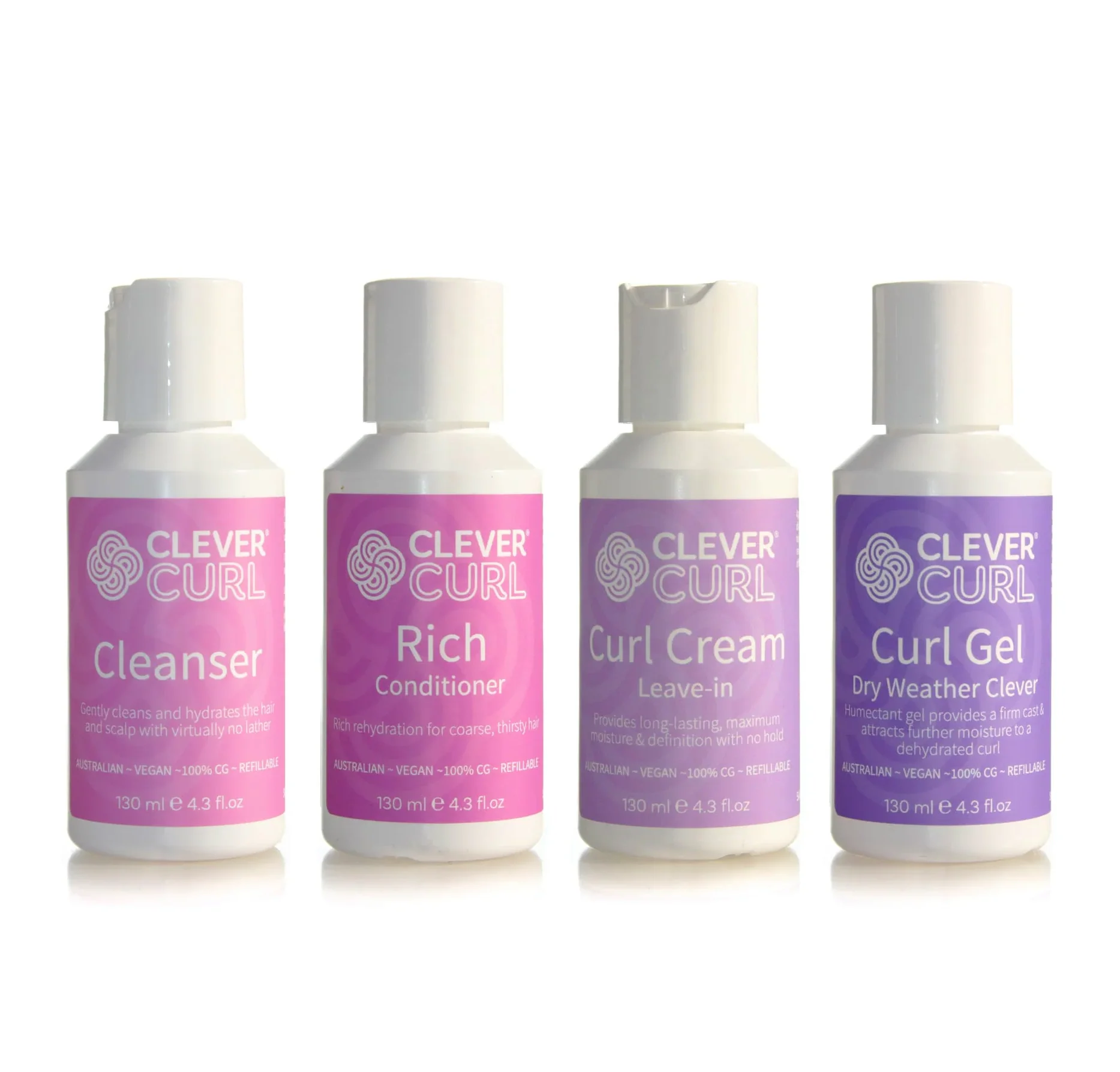 Clever Curl Cleanser and Rich Conditioner 130ml + Curl Cream, Dry Curl Gel 130ml Kit (4pc)