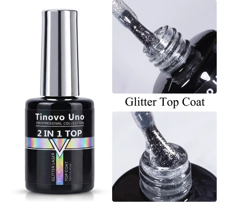 Tinovo Professional 2 In 1 Top Coat Glitter Laser Gel Polish 12ml - Image 2